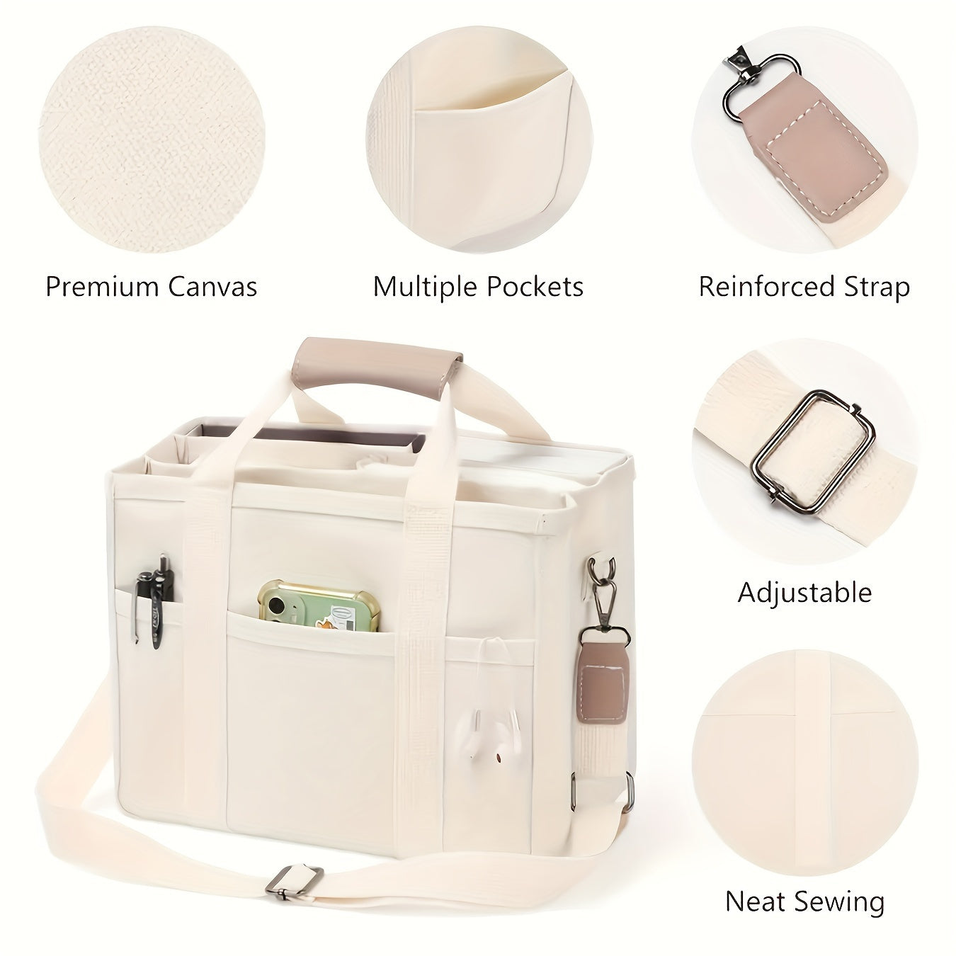 Large Capacity Multi-Pocket Shoulder Bag with Compartments, Multifunctional Tote, Durable Handles, Beige
